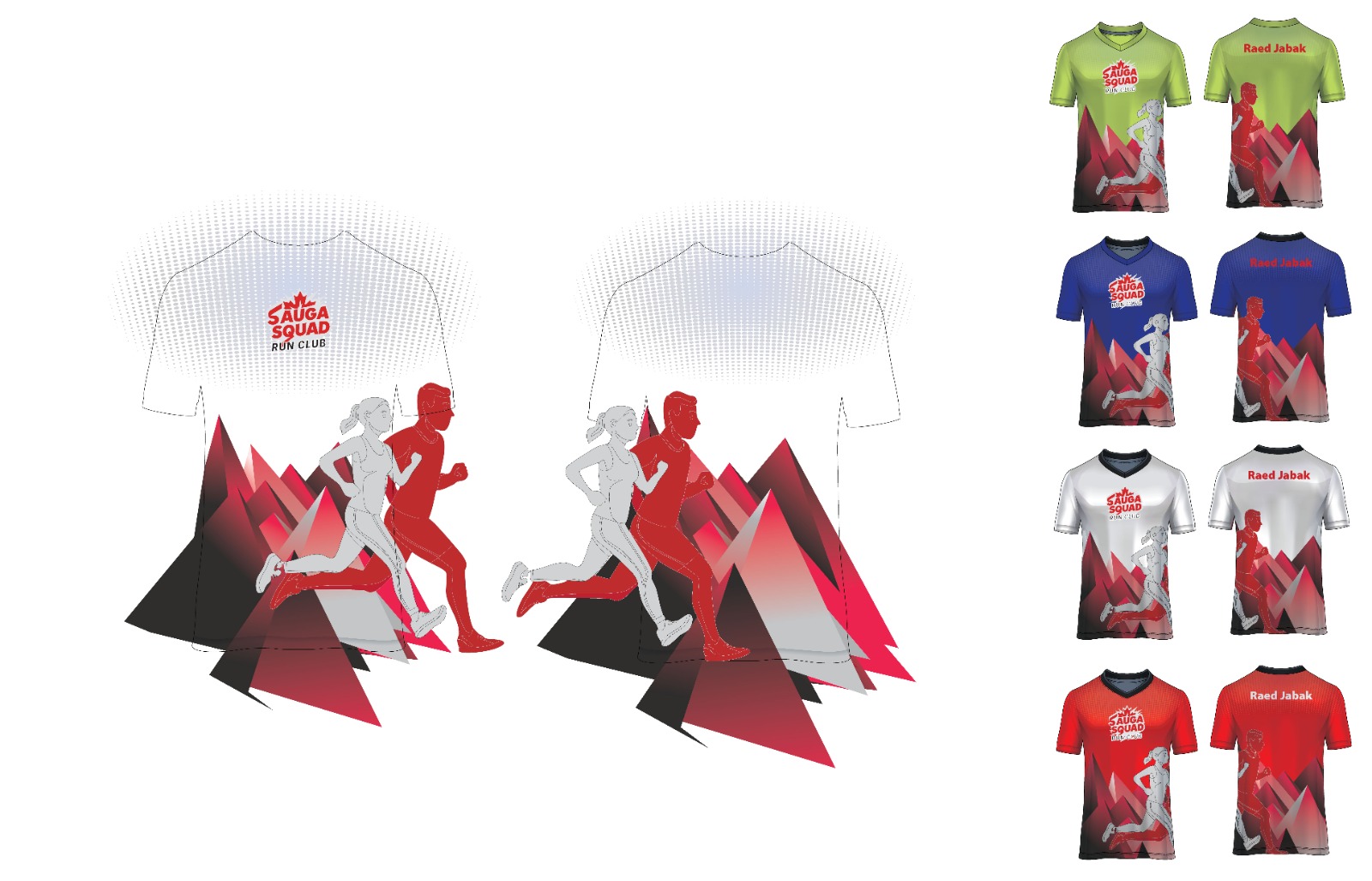 Sauga Squad jersey design mockup sheet showing multiple colorways