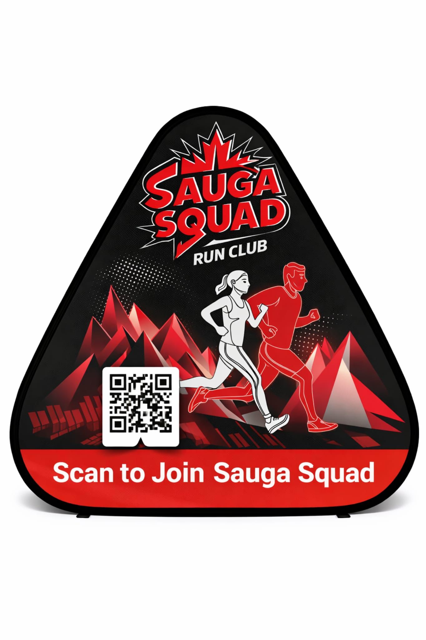 Sauga Squad triangular event display stand