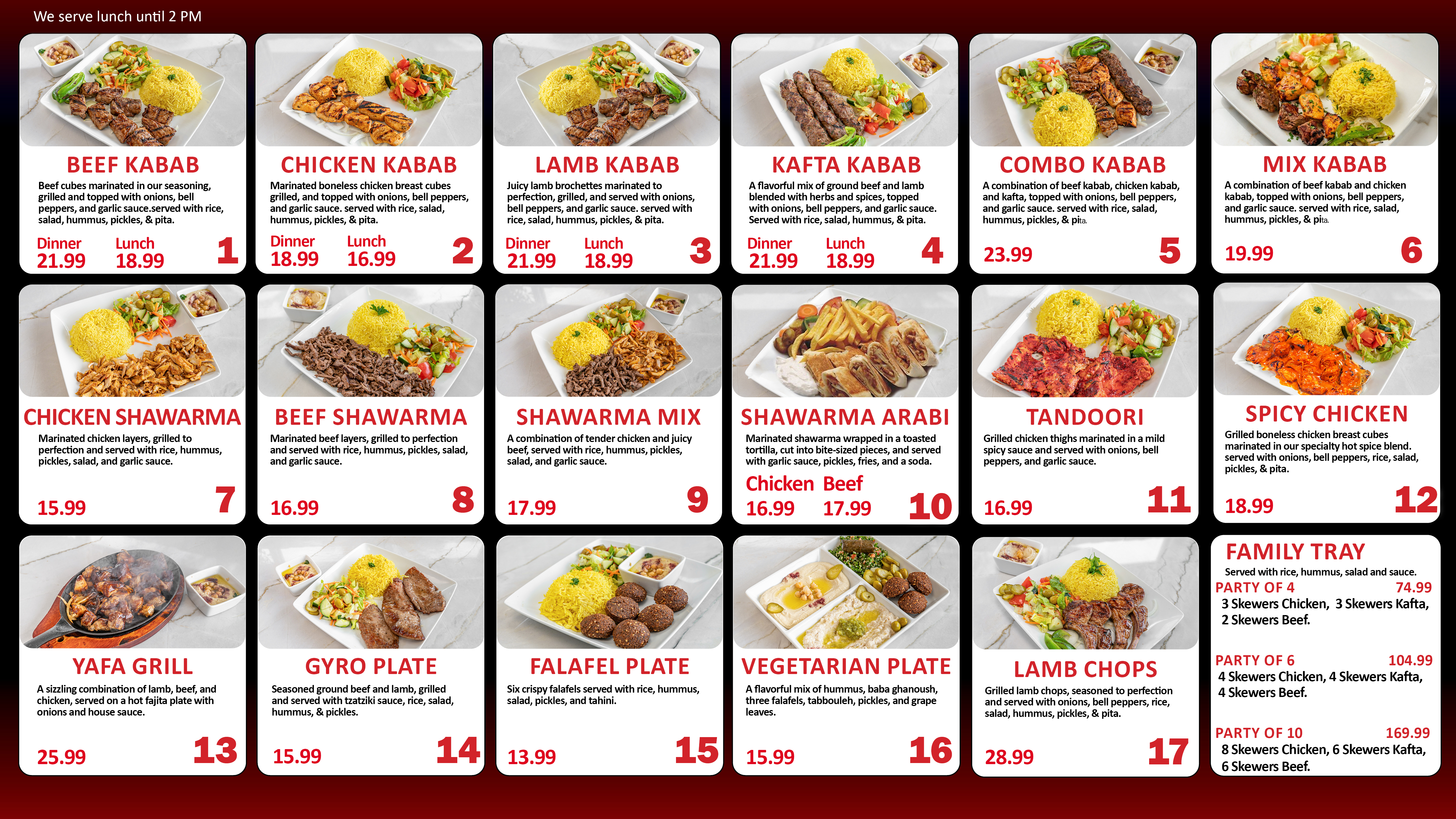 Yafa Grill digital menu — main entrees with food photography