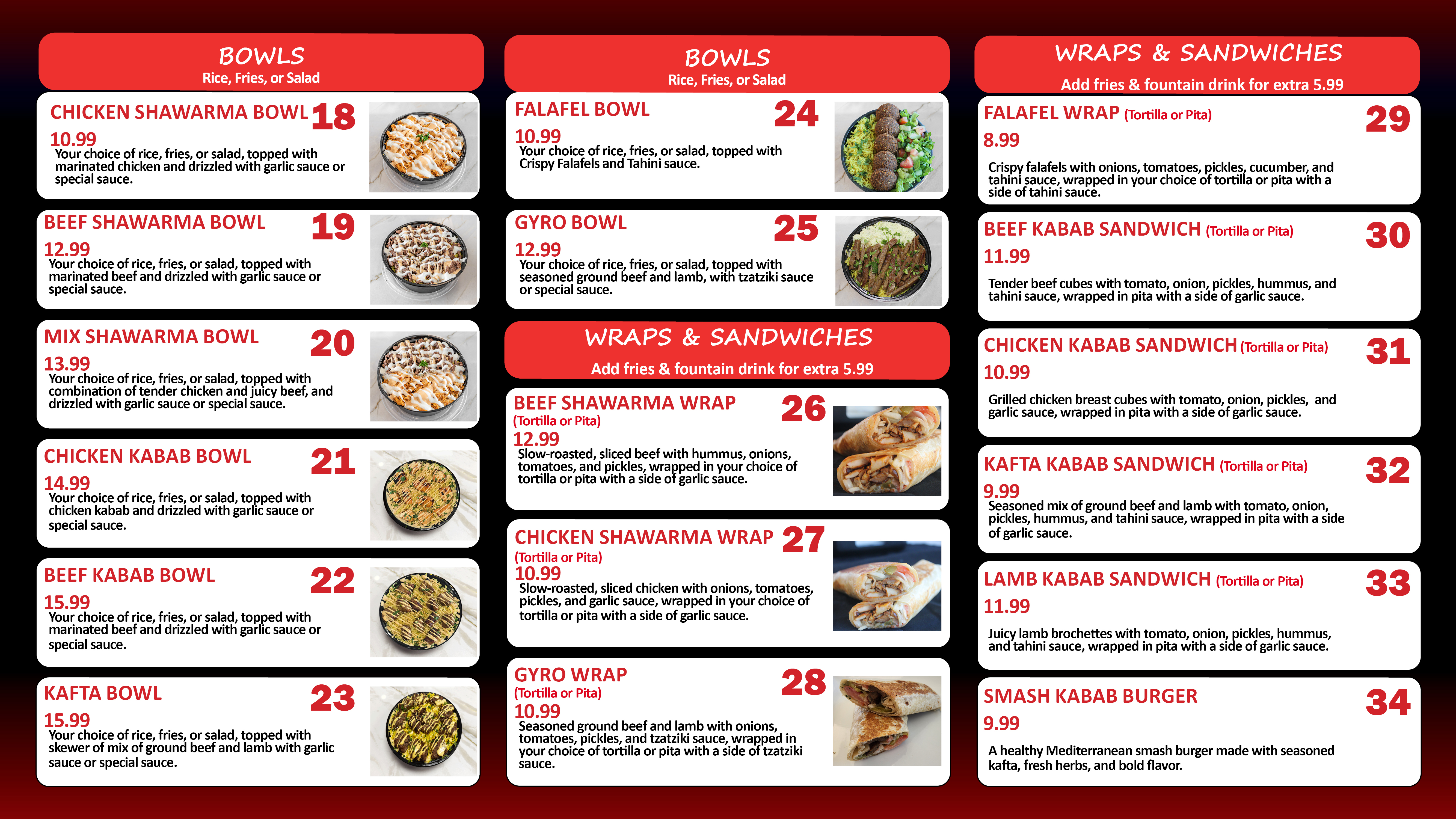 Yafa Grill digital menu — bowls, wraps and sandwiches