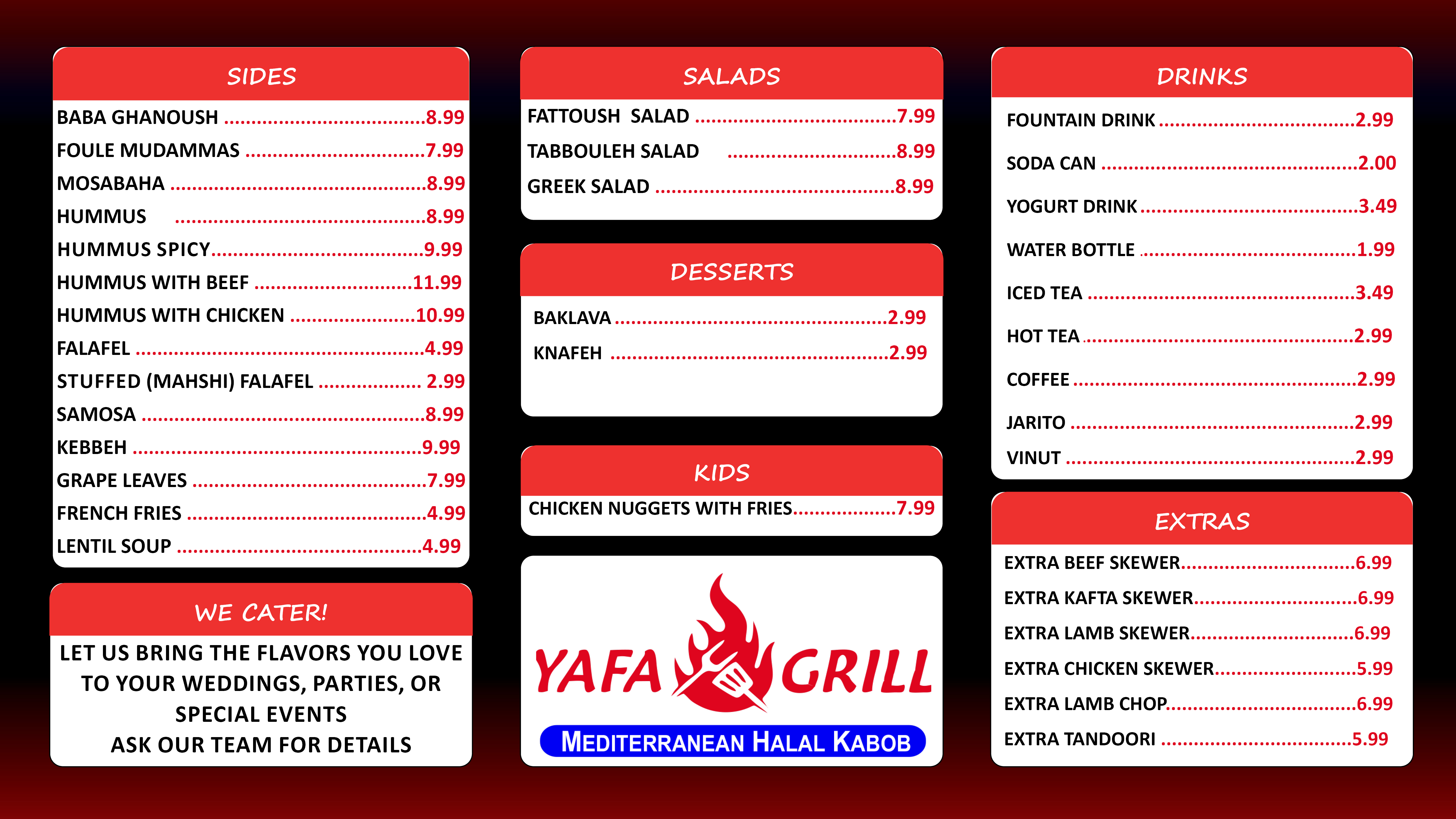 Yafa Grill menu display